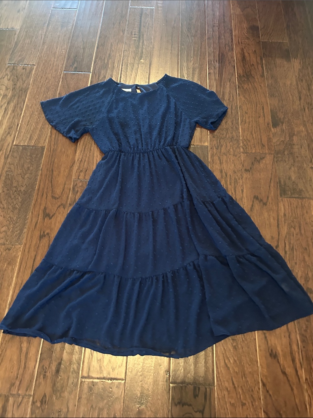 Reborn J Navy Tiered Swiss Dot Midi Dress